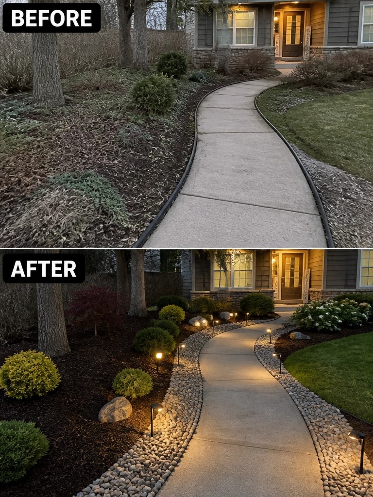 Before-and-after photos of a curved walkway with added rocks, lights, and shrubs