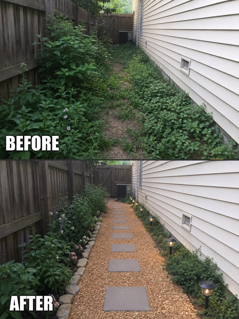 Before and after of overgrown backyard path transformed with gravel, stones, and lights