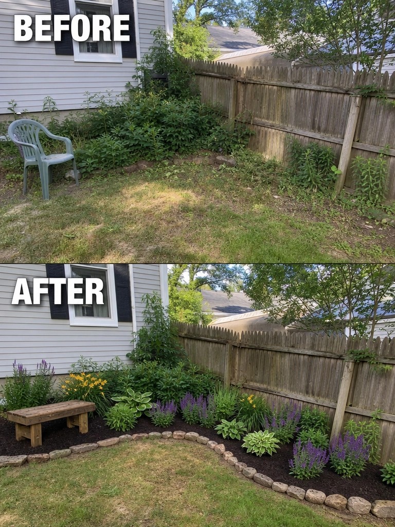 Before-and-after image of an overgrown yard next to a house changed into a landscaped garden with curved stone edging, mulch, and new plantings.