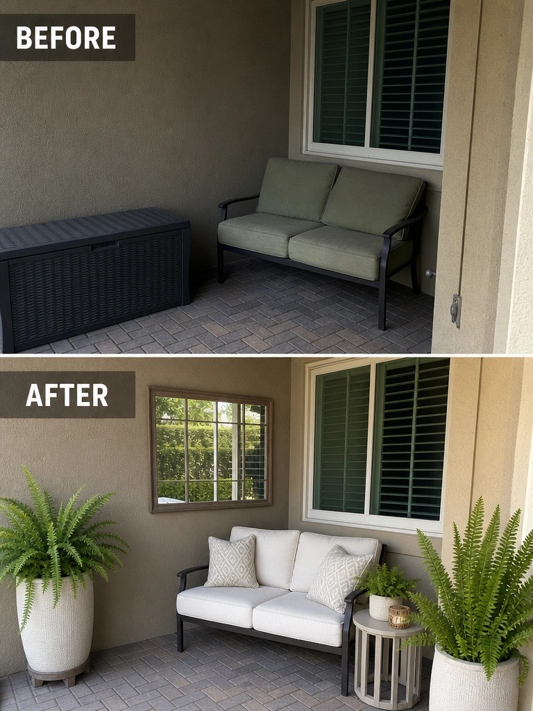 Before and after porch with updated sofa, cushions, ferns, and decor.