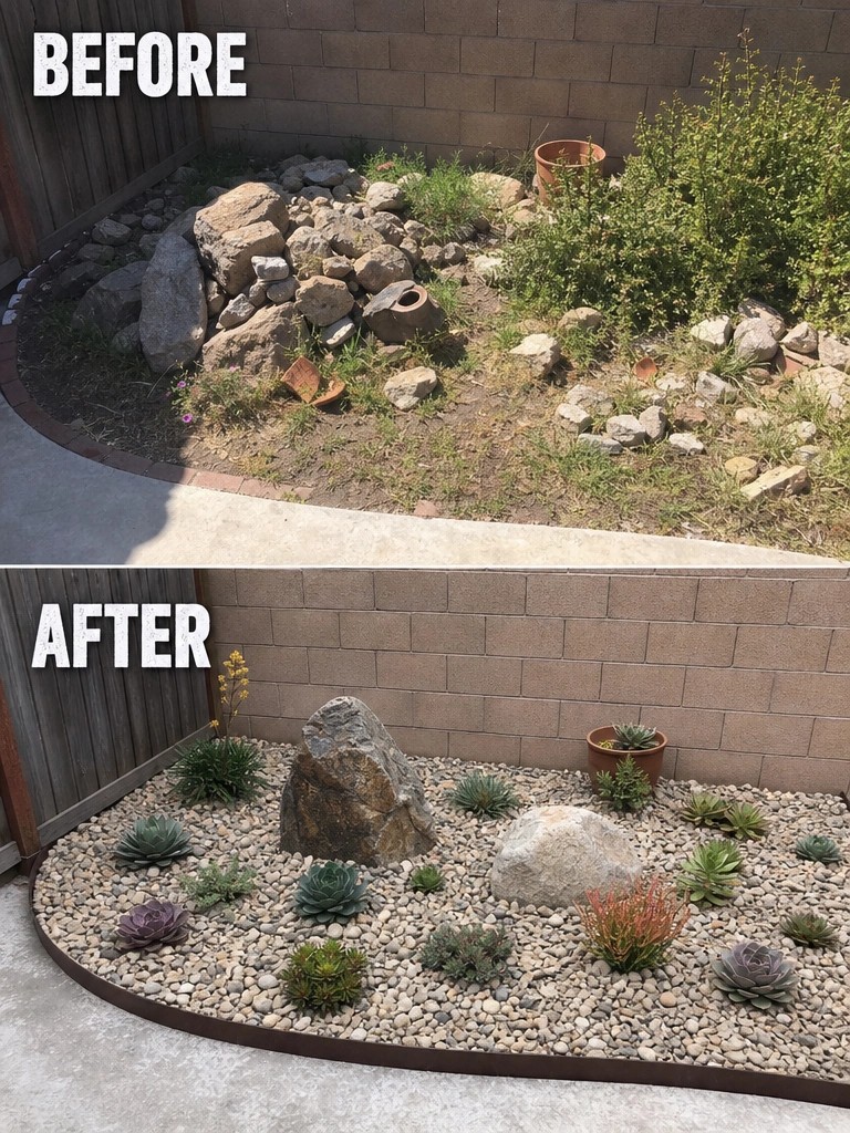 Before and after garden transformation with succulents, pebbles, and rocks against brick wall.