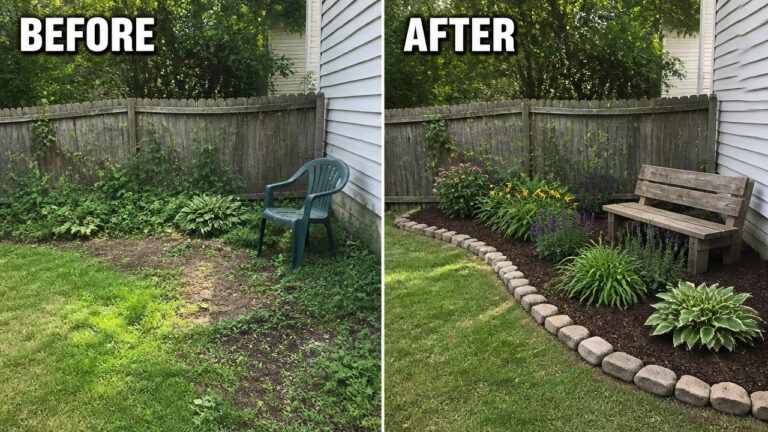20 Easy Garden Makeover Ideas for Neglected Outdoor Spaces Before-and-after image of an overgrown yard next to a house changed into a landscaped garden with curved stone edging, mulch, and new plantings.