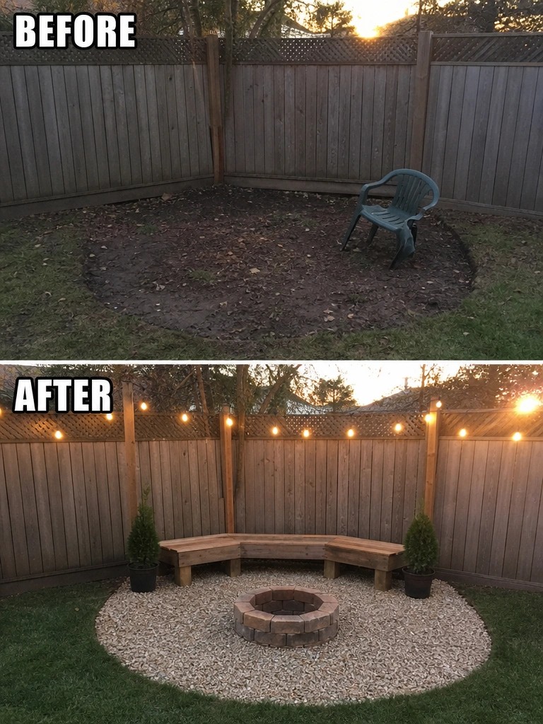 Before and after backyard with fire pit, benches, gravel, and string lights.