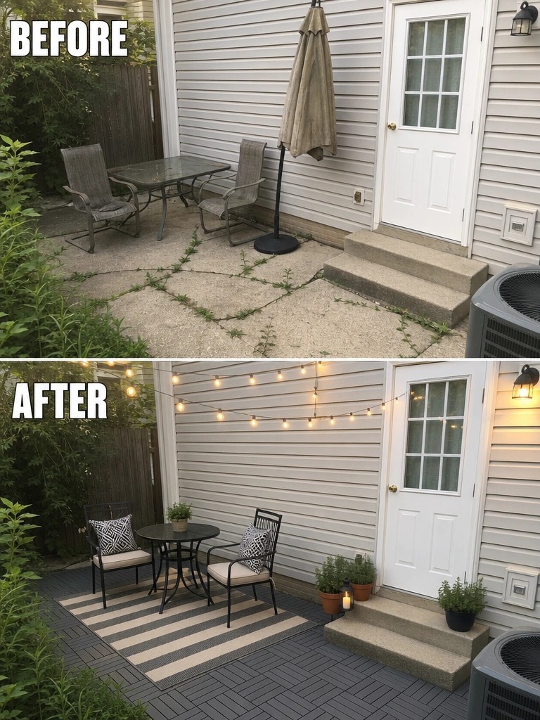 Before and after patio renovation: cracked concrete to modern deck with lights and rug