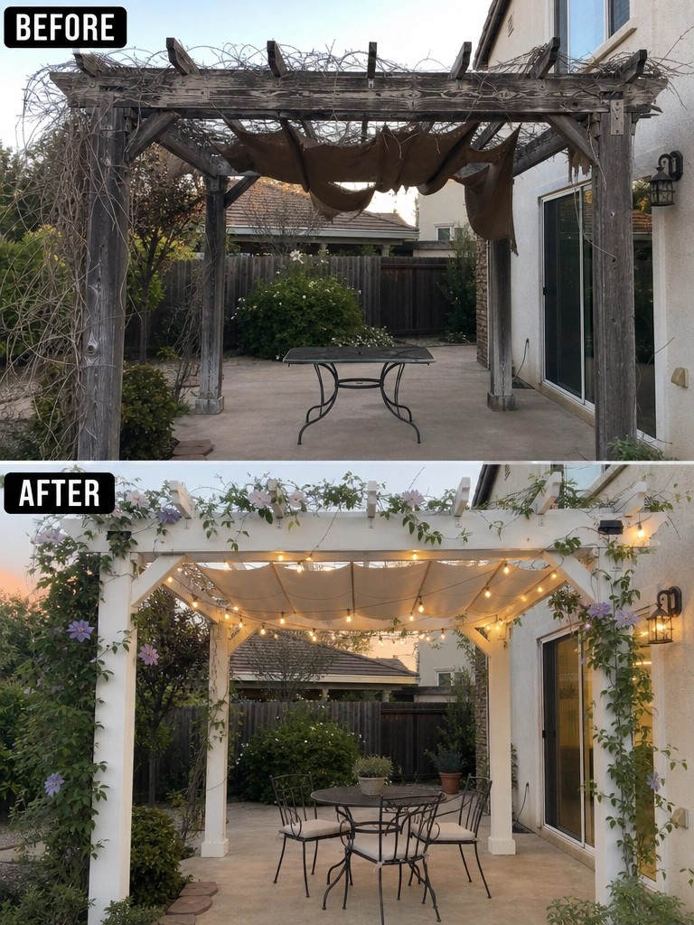 Before and after of a backyard pergola transformed with white paint, lights, and vines.