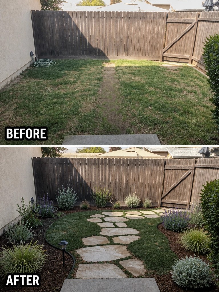 Before-and-after image of a plain backyard lawn changed into a landscaped space with a curving stone path, planted borders, and mulch beds.