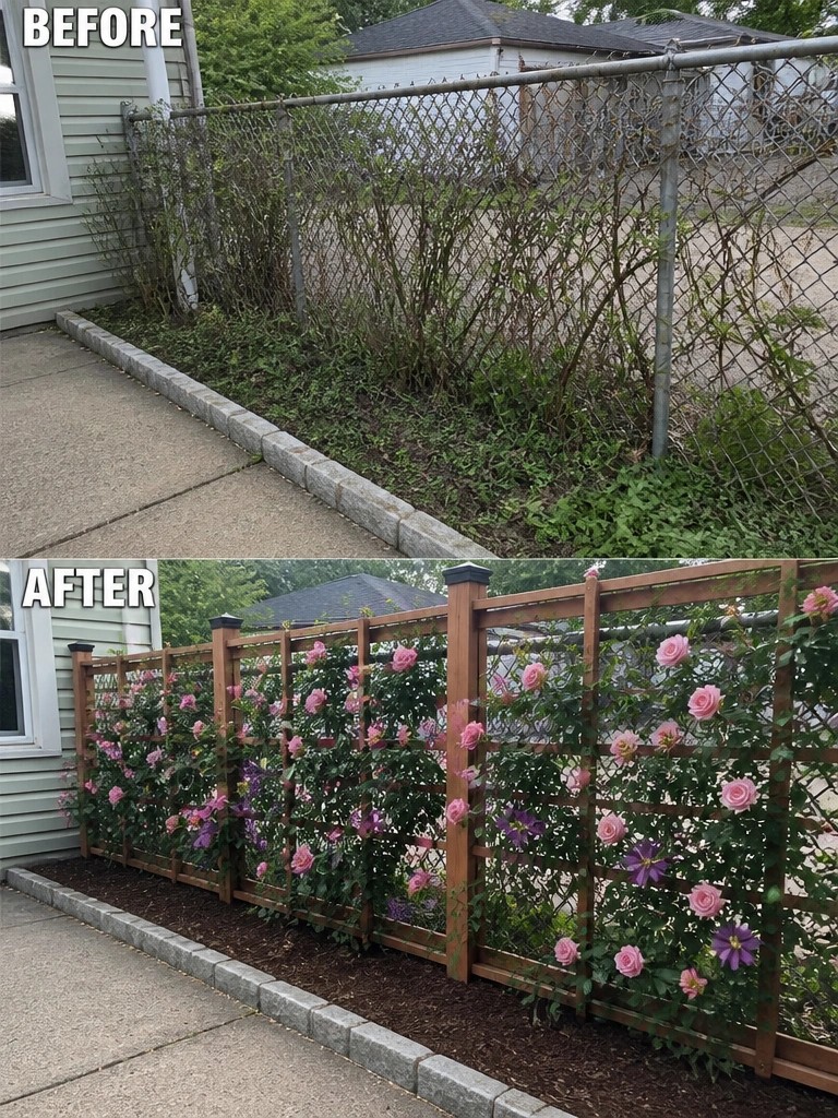 Before overgrown chain-link fence and after wooden trellis with blooming pink roses