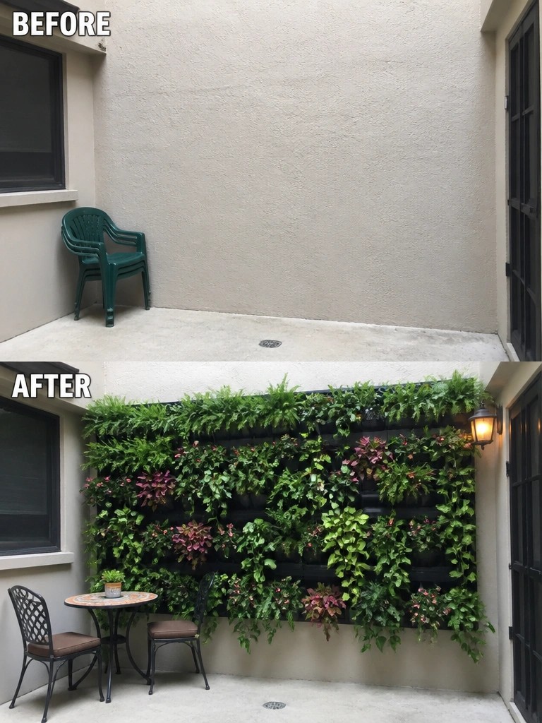 Before-and-after image of a plain outdoor courtyard wall transformed by a large vertical garden wall filled with assorted plants and simple seating added below.