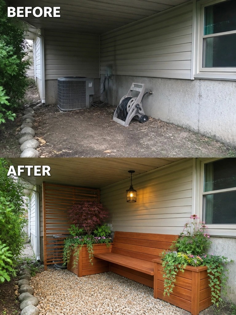 Before and after of patio transformed with wooden bench, planters, and gravel.