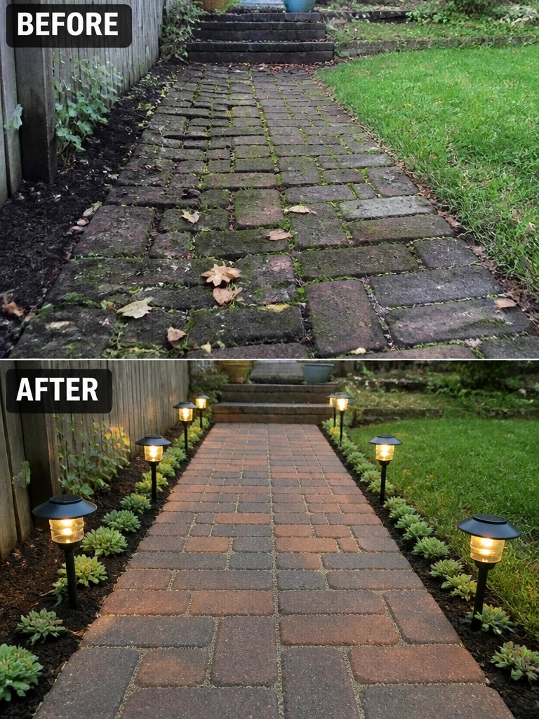 Before-and-after image of a moss-covered brick path transformed with solar lights and planted borders.