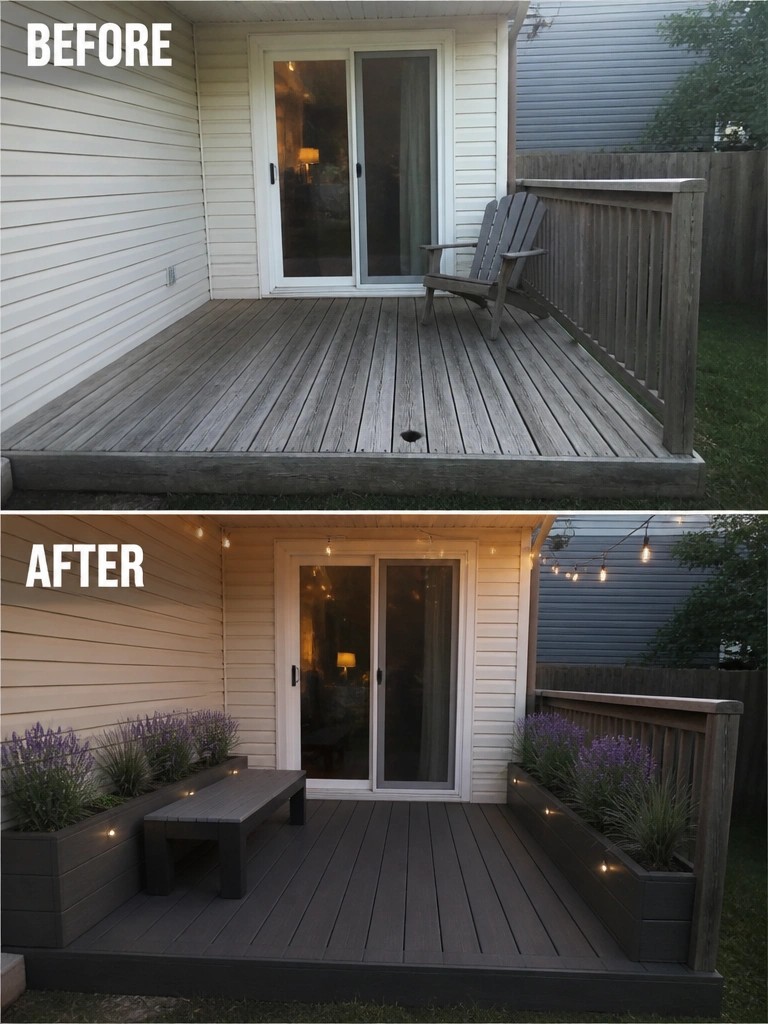 Before-and-after image of a plain deck updated with raised planters, a bench, and string lights.