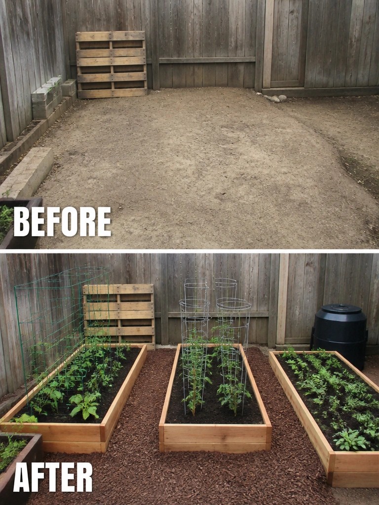 Backyard before and after: bare dirt transformed into three raised garden beds with plants.
