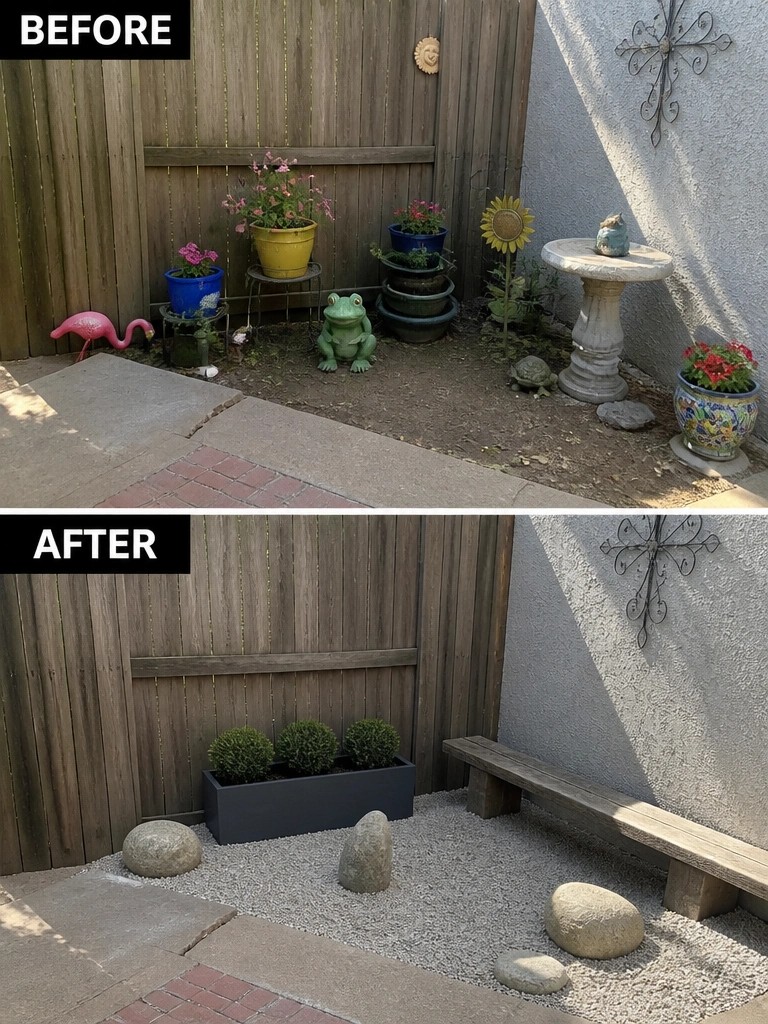 Before cluttered garden decor and after minimalist gravel patio with bench and planter