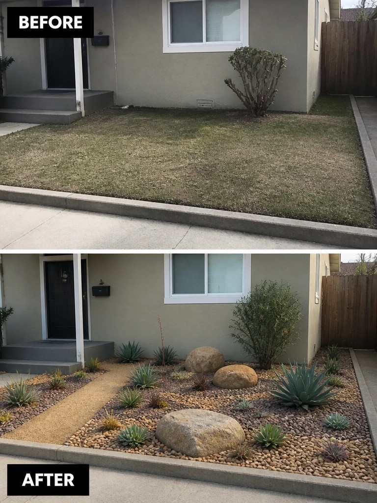 Before-and-after image of a patchy front lawn changed into a gravel garden with boulders and arranged plants.