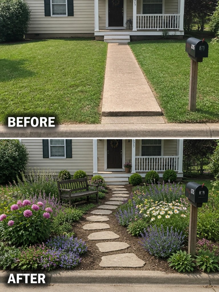 Before and after of front yard with concrete path replaced by stone walkway and flowers