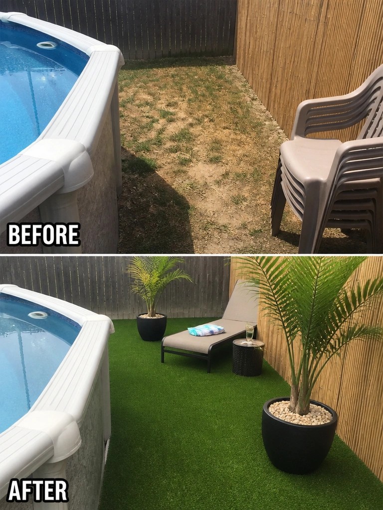Before-and-after image of a bare dirt area next to a pool changed with artificial turf, potted plants, and a lounge chair.