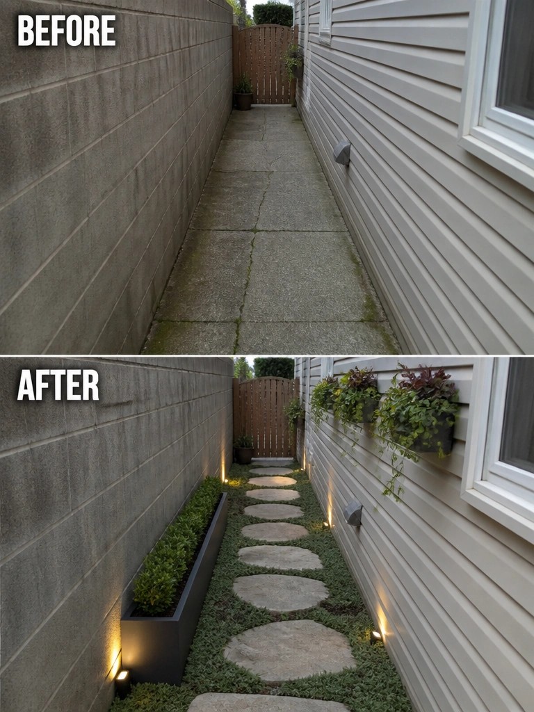 Before and after of narrow walkway upgraded with stepping stones, planters, plants and lights.