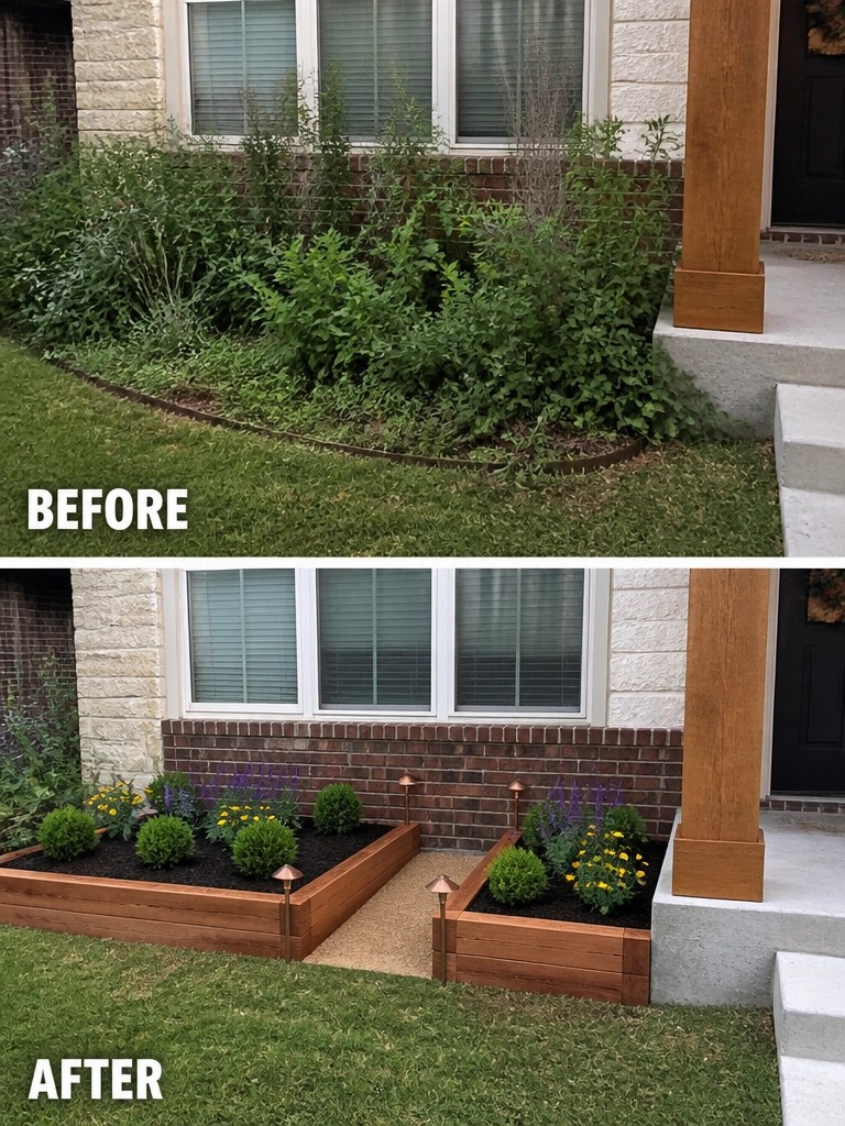 Before and after of overgrown shrubs replaced by wooden raised flower beds.