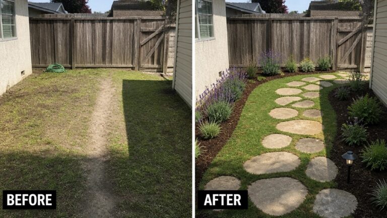 21 Fresh Landscaping Before and After Ideas for Small Outdoor Spaces Before-and-after image of a plain backyard lawn changed into a landscaped space with a curving stone path, planted borders, and mulch beds.