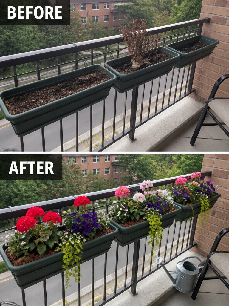 Before-and-after image of a balcony with rail-mounted planters changed from sparse soil and one dead plant to rows of colorful flowers and trailing greenery.
