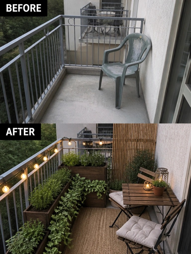 Before-and-after image of a bare balcony transformed into a planted seating area with string lights, wooden planters, a small table, and chairs.