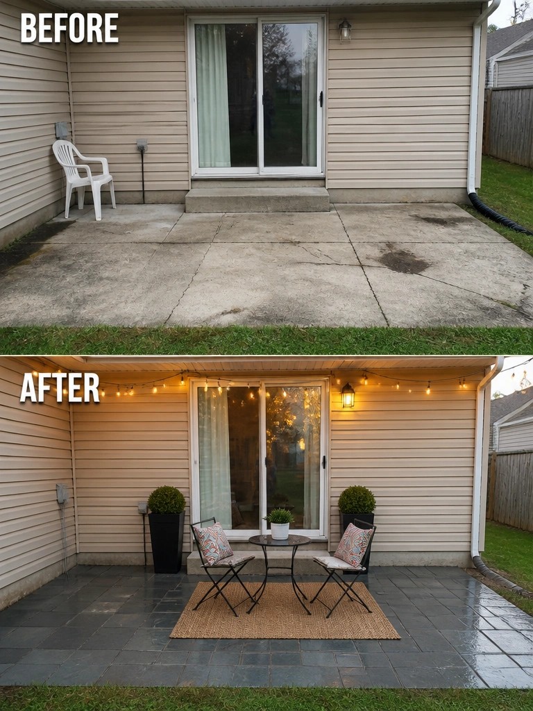 Before-and-after backyard patio: plain concrete slab versus tiled space with lights, plants, and furniture.