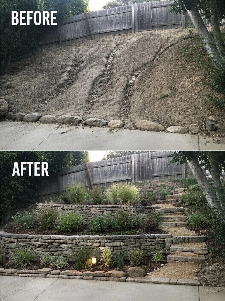 Before-and-after image of a bare dirt slope changed into terraced garden beds with stone retaining walls, steps, and planting.