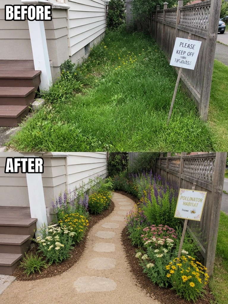 Before and after of overgrown lawn transformed into colorful flower garden with path