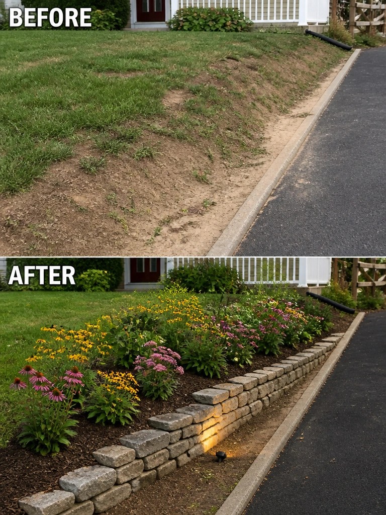 Before-and-after of sloped lawn transformed into colorful flower garden with stone wall.