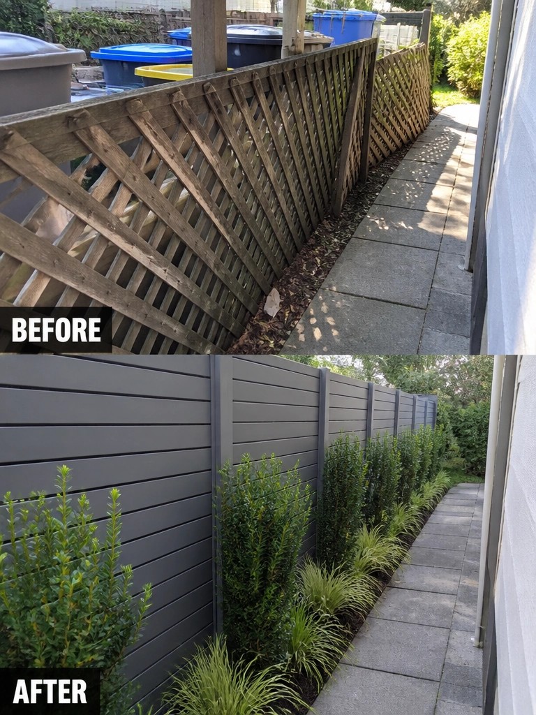 Before and after of wooden lattice fence replaced by gray panels with plants along path