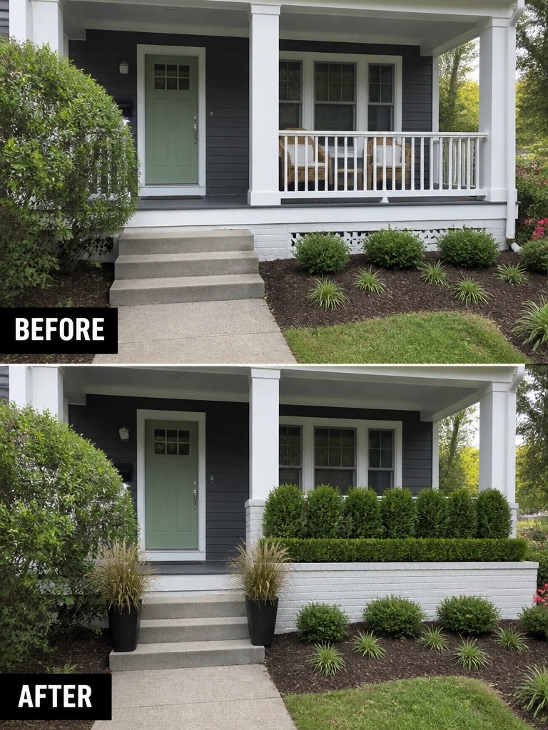 Before and after views of porch with added planters, shrubs and white wall