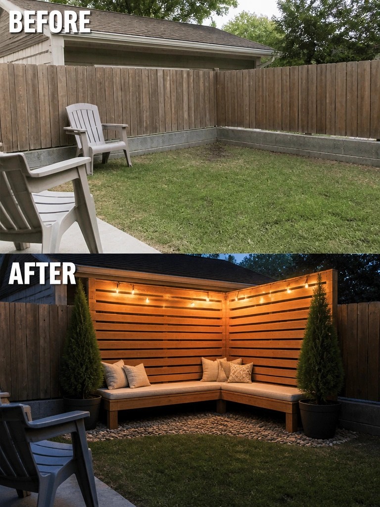 Before-and-after image of a plain backyard corner changed into a private seating area with a built-in wooden bench, cushions, string lights, and potted evergreen trees.