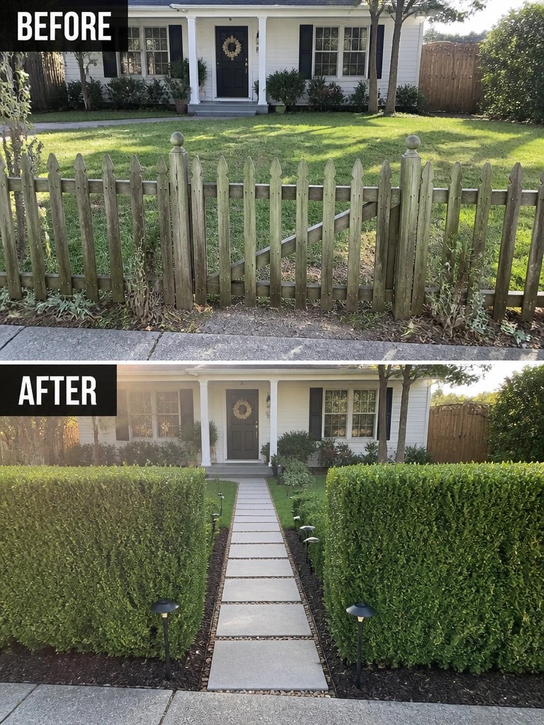 Before and after of house yard: weathered fence replaced by hedges and stone path