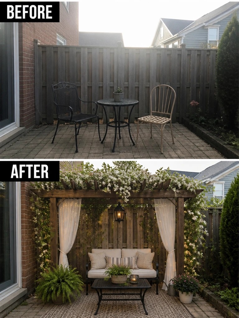 Before and after of patio transformed by pergola, curtains, sofa, and plants.