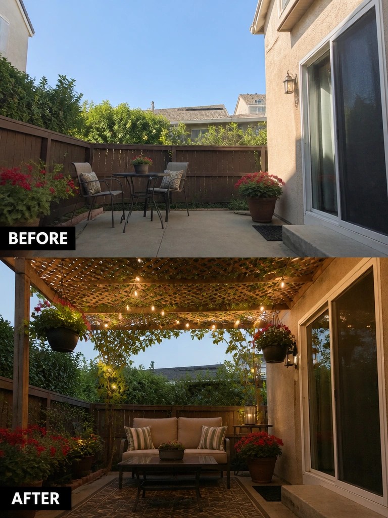Before-and-after image of a bare concrete patio transformed by adding a vine-covered pergola with string lights and a furnished outdoor seating area.
