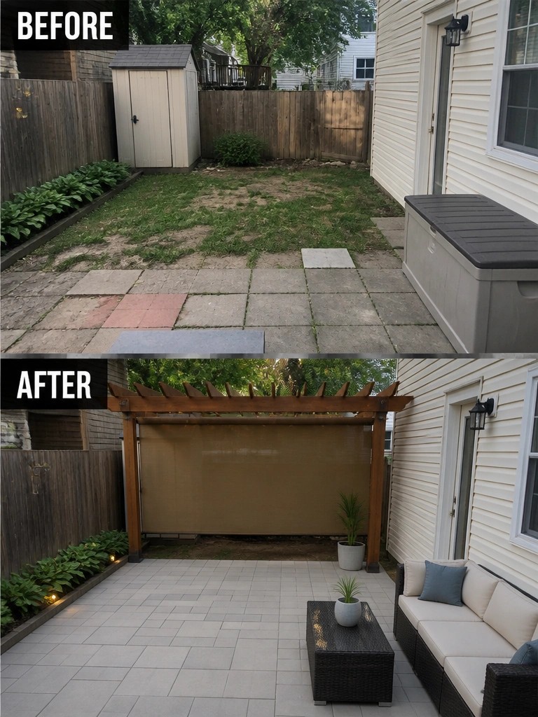 Before-and-after backyard transformation: patchy lawn to tiled patio with wooden pergola and furniture