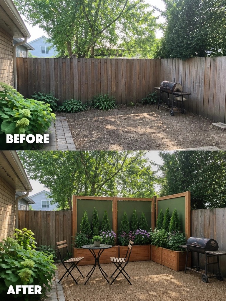 Before-and-after image of an open backyard transformed by adding a wooden privacy screen with planters and a small seating area.