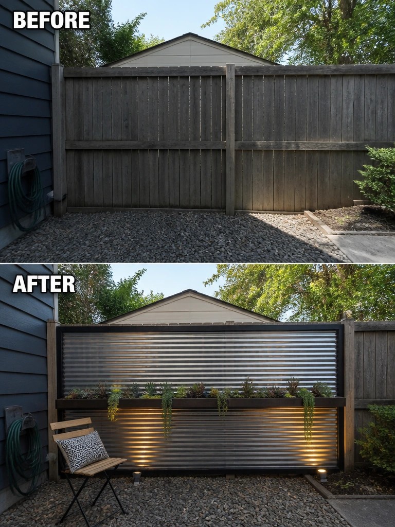 Before-and-after image of a backyard fence updated with a horizontal privacy screen, built-in planter box, and ground lighting.