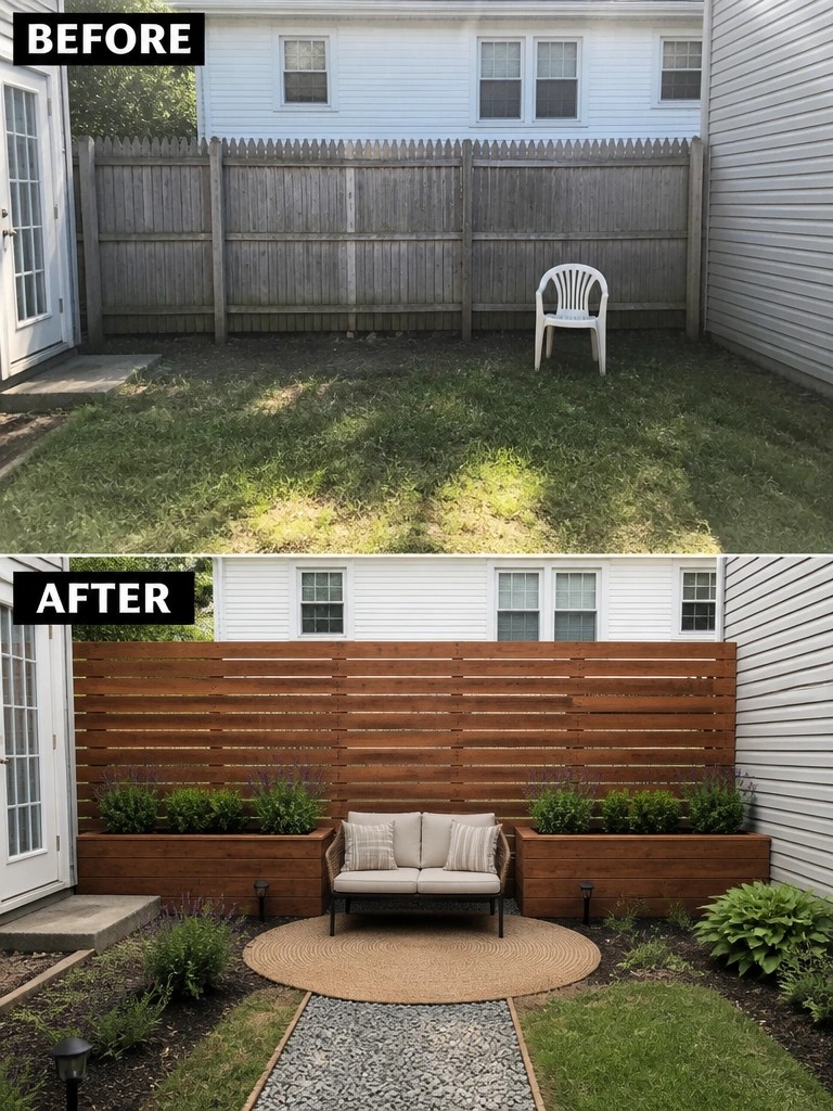 Before and after backyard with new horizontal fence, planters, and seating.