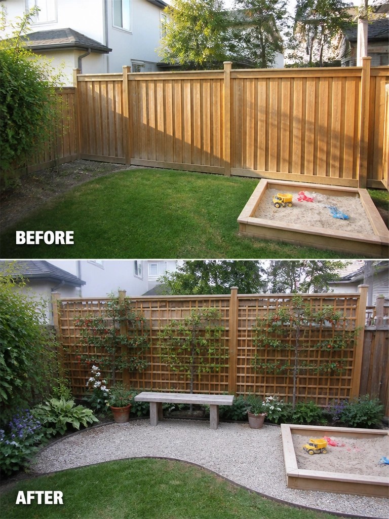 Before-and-after image of a backyard fence updated with lattice panels and climbing plants along with new garden beds and gravel.