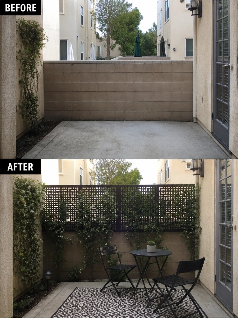 Before and after patio with lattice screen, climbing vines, table, chairs, and rug.
