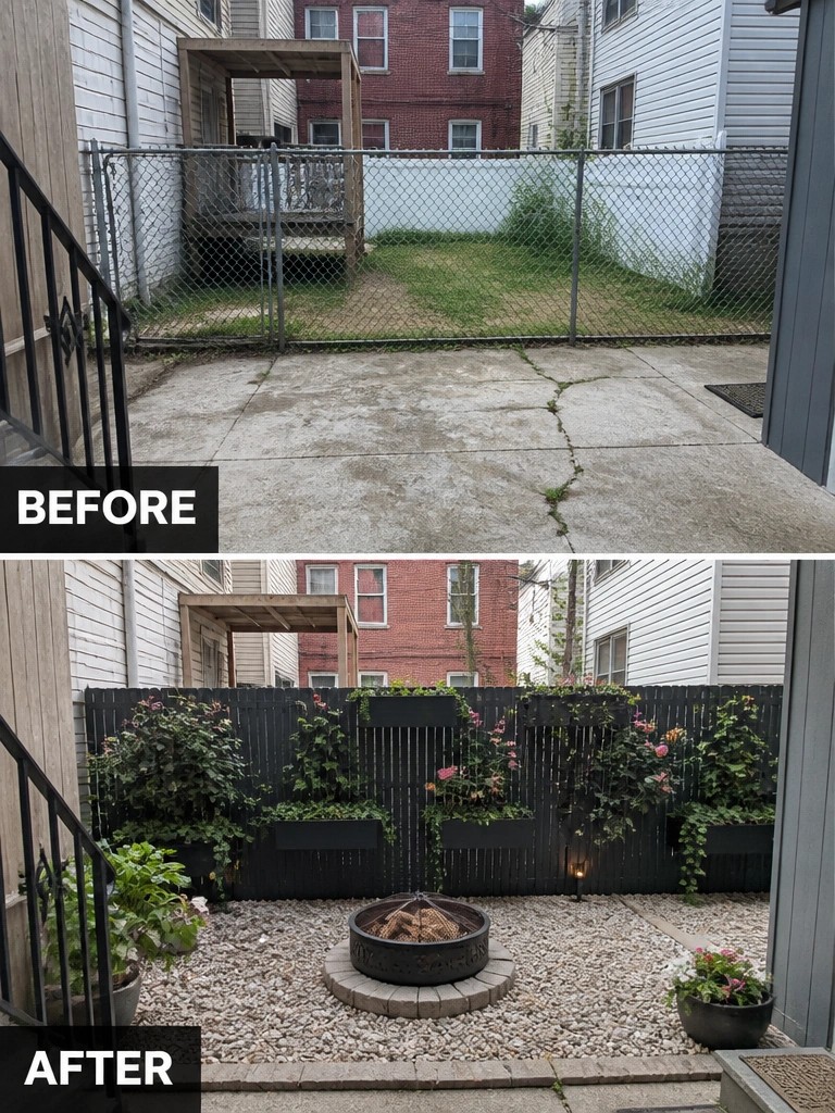 Before concrete patio and after gravel fire pit with blooming fence planters.