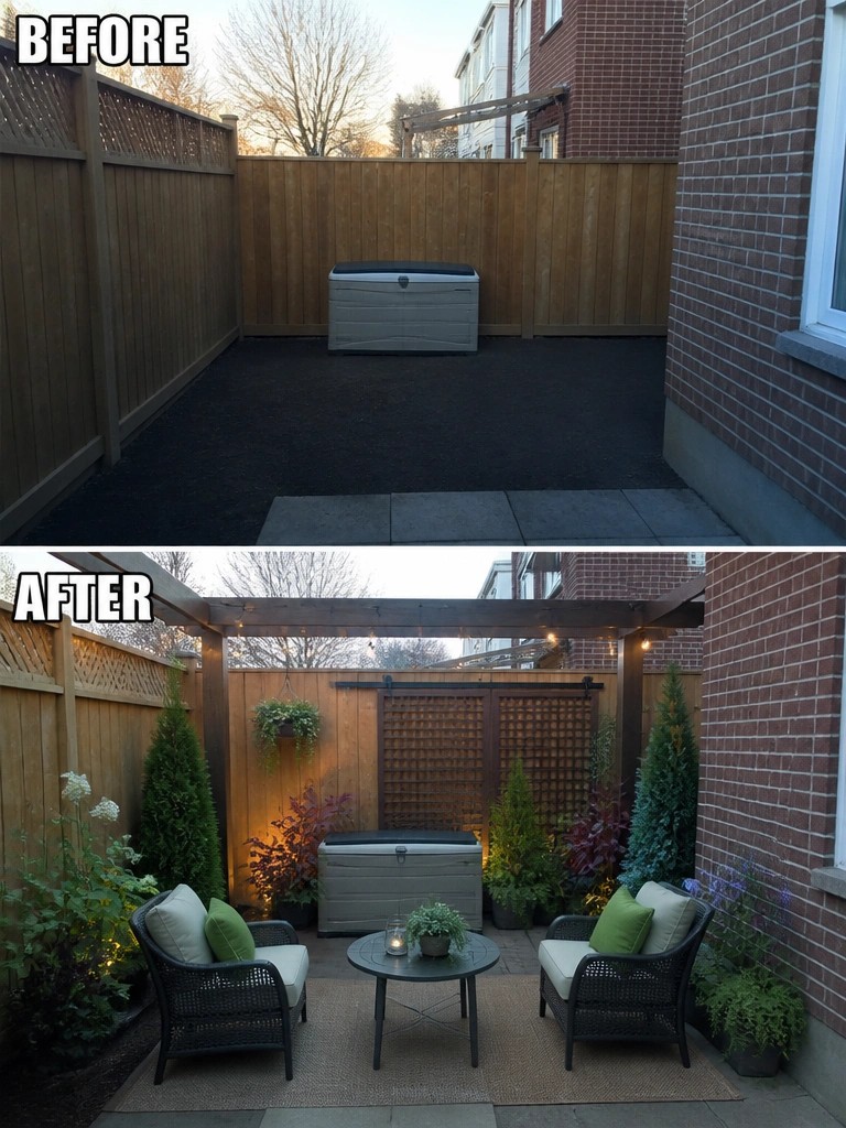 Before-and-after image of a bare backyard transformed into a private seating area with a pergola, chairs, rug, and screening plants.