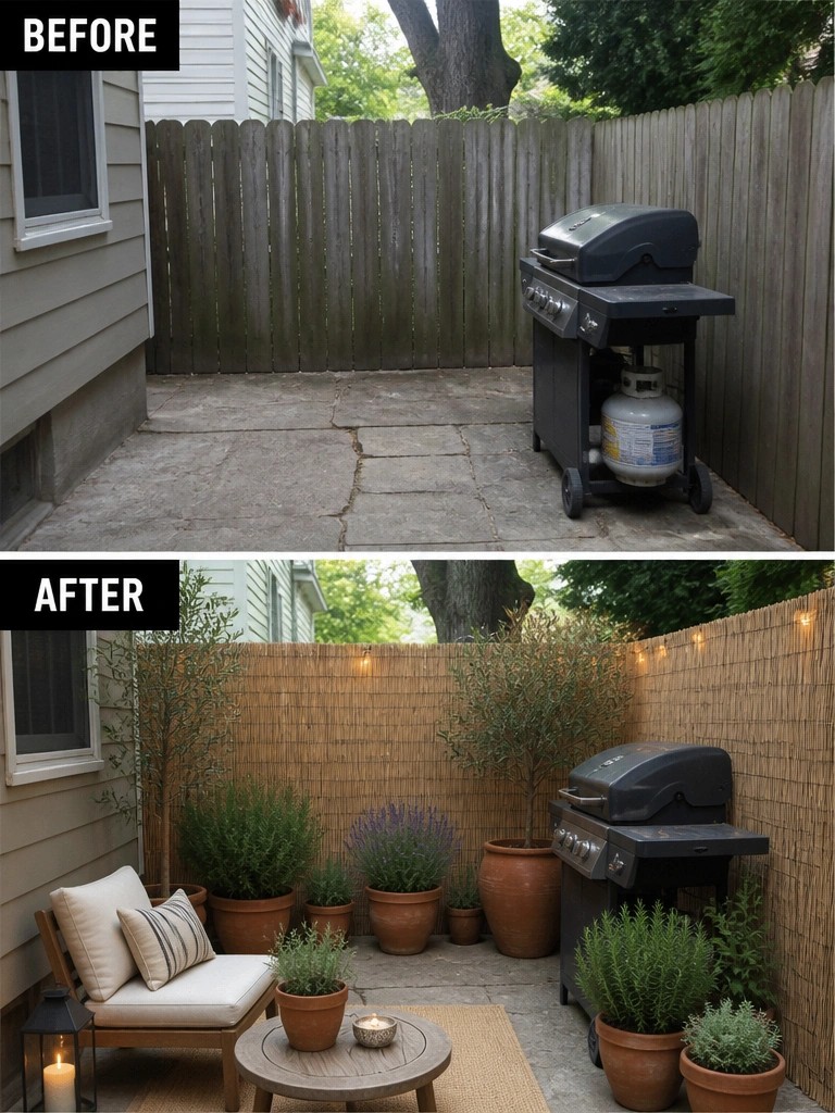 Before-and-after image of a bare concrete patio updated with potted plants along the fence, string lights, and added seating to create privacy.