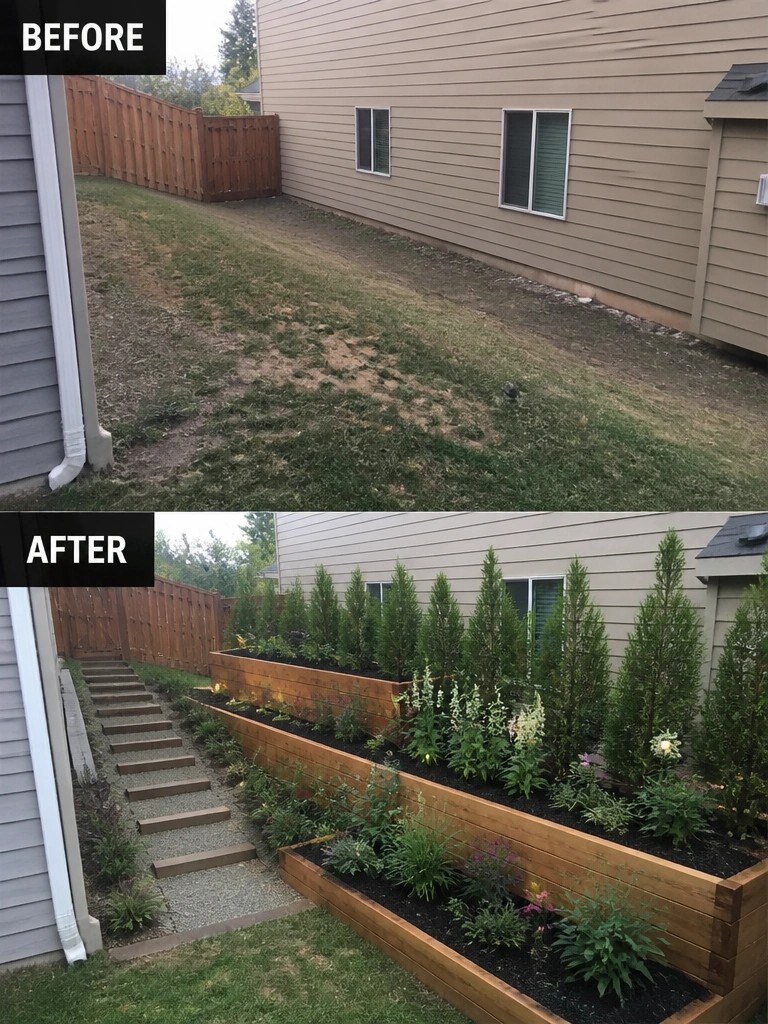 Before and after of backyard with raised garden beds and new stairs.