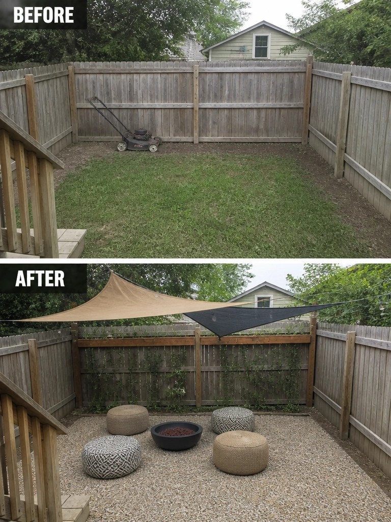 Before grassy yard with mower; after gravel patio with poufs, bowl and shade sails