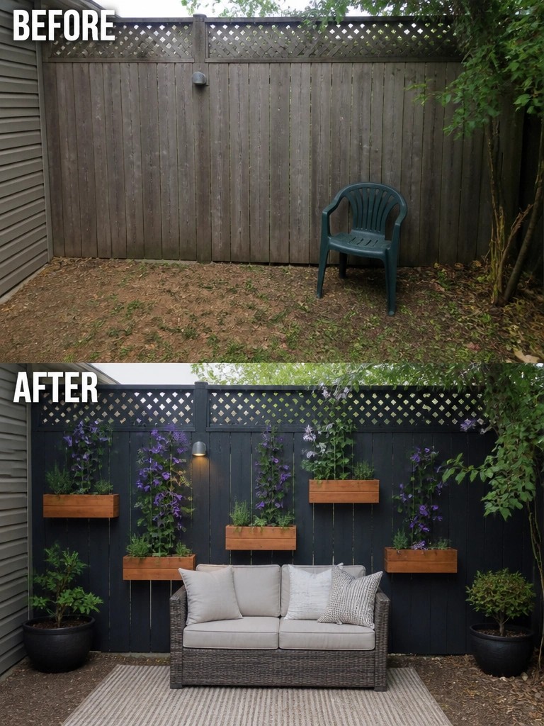 Before and after backyard with dark fence, hanging planters, sofa and rug.