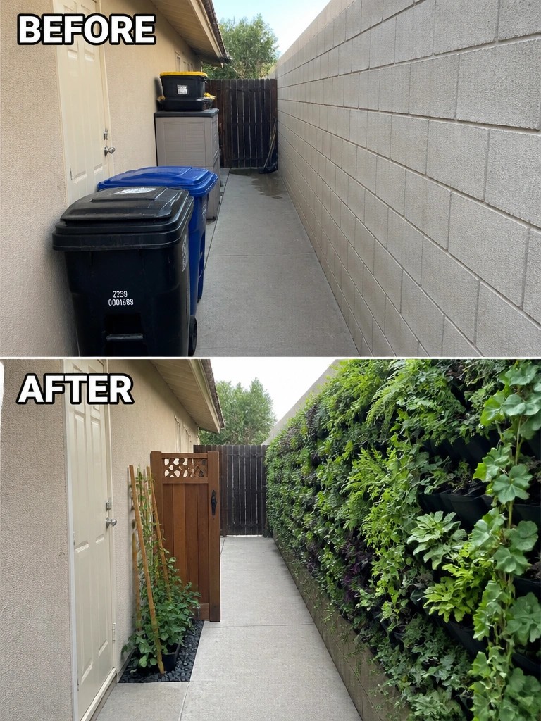 Before-and-after image of a narrow side yard where a bare block wall was replaced with a lush vertical garden.