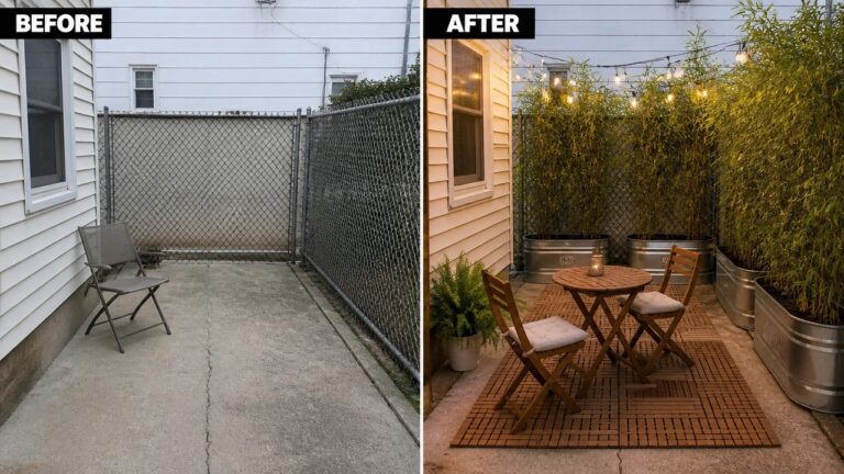 21 Practical Backyard Privacy Transformation Ideas for Small Yards Before-and-after image of a bare concrete patio changed by adding tall bamboo in metal planters along the fence line, string lights, and a small seating area.