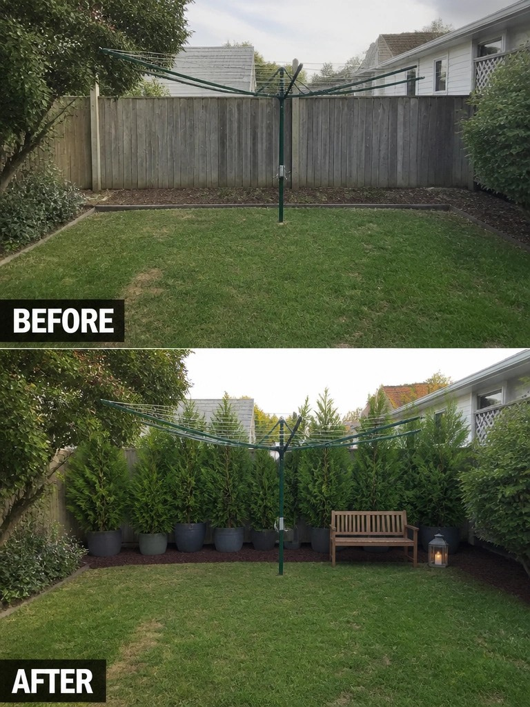 Backyard before-and-after with clothesline, potted evergreens, bench, and lantern